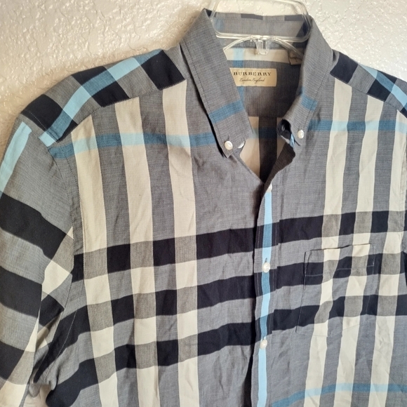 Burberry Checked Short Sleeve Cotton Shirt navy blue check sz L - Picture 2 of 9